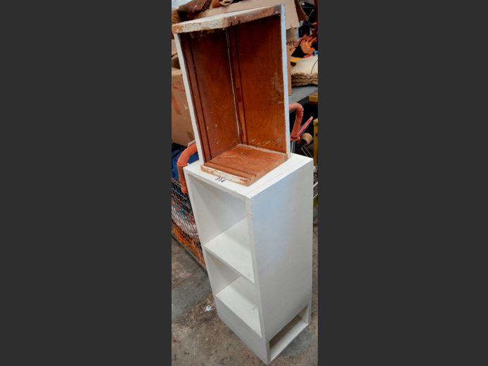 WHITE PAINTED WALL MOUNT SHELF & ANOTHER, 34 x 29 x 87cm & 45 x 23 x 23cm