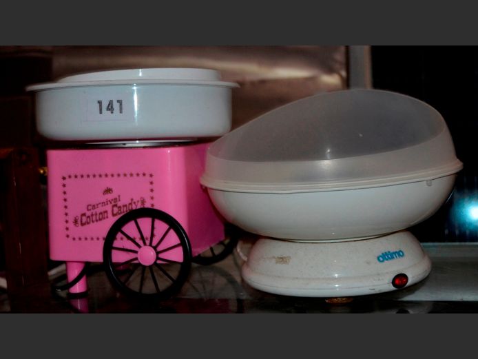 LOT: 2 x CANDY FLOSS MACHINES, HAND KNITTED OTTOMAN, etc [Switch on]