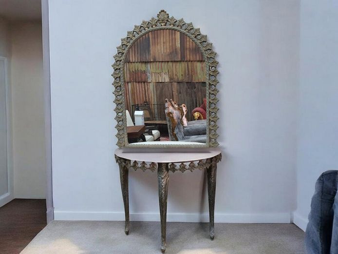 Antique Cast Gilded Metal Half Moon & Matching Arched Mirror