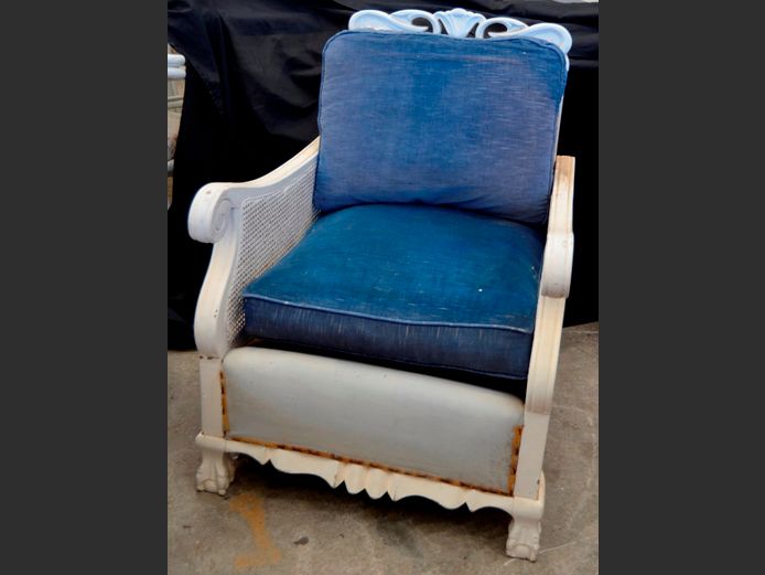 WHITE PAINTED BALL & CLAW ARMCHAIR WITH BLUE UPHOLSTERED CUSHIONS