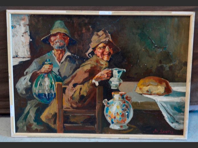 OIL ON BOARD "MEN DRINKING" BY DE SANTOS, 67 x 48cm