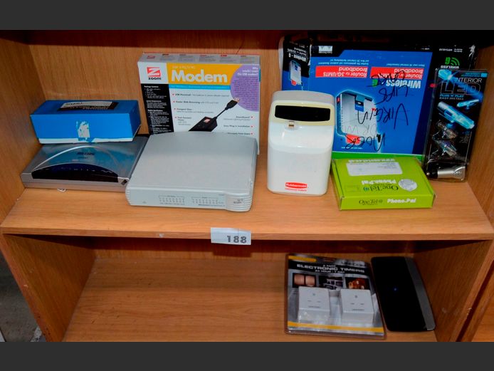 LOT ON 2 SHELVES: MODEMS, ELECTRONIC TIMERS, etc [Untested]