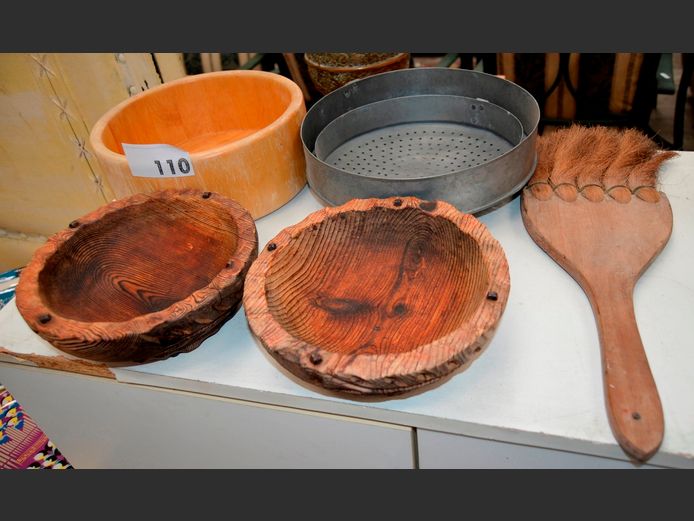 WOODEN BOWLS, GALVANISED SIEVES, etc
