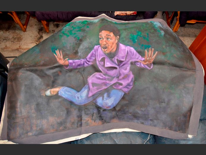 UNFRAMED OIL ON CANVAS "BOY IN PURPLE SUIT", 106 x 69cm