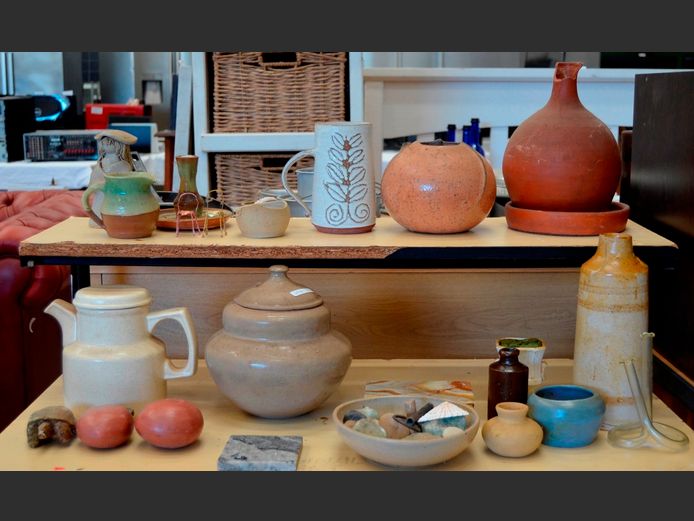 STONEWARE BOWL WITH LID, CERAMIC TEAPOT, ORNAMENTS, etc