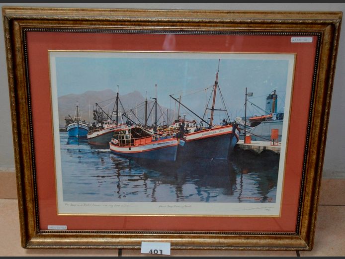 FRAMED PRINT "FISHING BOATS IN HOUT BAY HARBOUR" PENCIL SIGNED DAVID HALL, 50 x 37cm