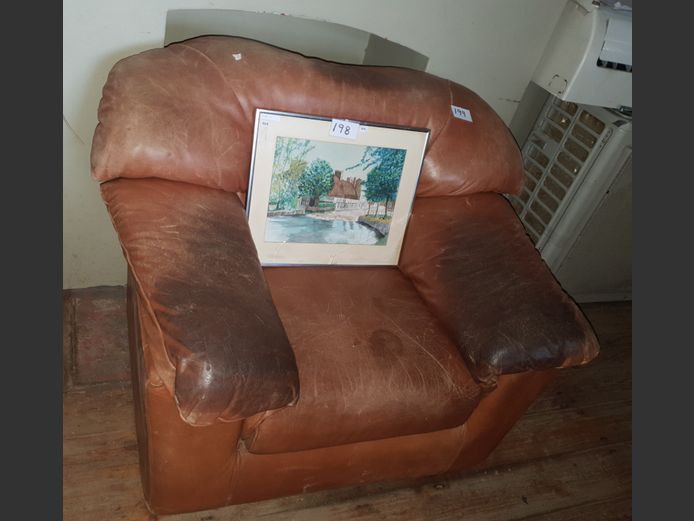 BROWN LEATHER ARMCHAIR [Some damage]