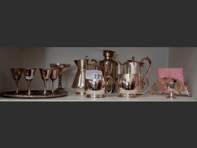 SILVER PLATE: TEAPOTS, GOBLETS, TRAY, etc