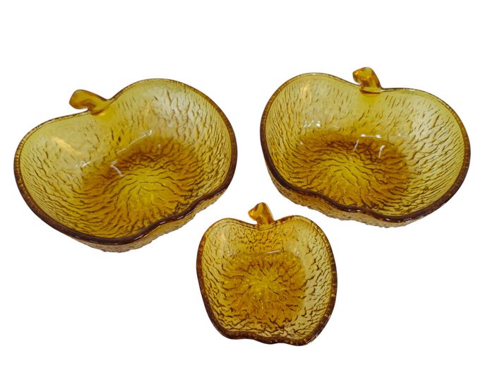 Apple-Shaped Amber Textured Glass Bowl Set