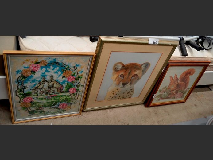 LOT: 2 FRAMED TAPESTRIES, etc