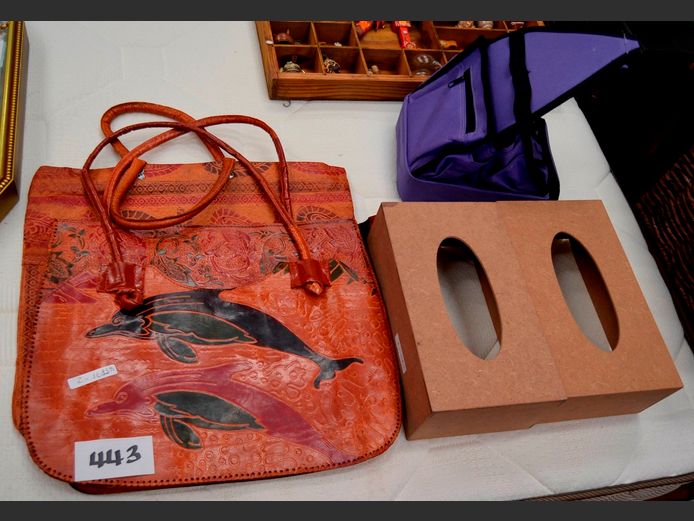 LOT: 2 x LEATHER HANDBAGS, SEWING CADDY, etc