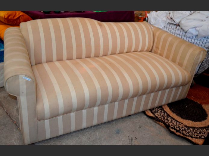 BEIGE & CREAM STRIPED UPHOLSTERED 2-SEATER COUCH, 180 x 95cm [Damaged, Needs a good clean]