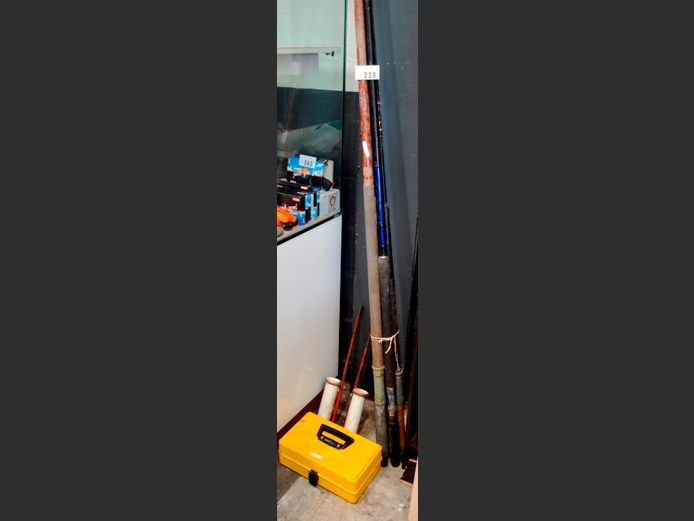 LOT: 3 x FISHING RODS [No reels], YELLOW TACKLE BOX, etc