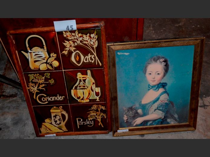 TILE WALL HANGING & A PICTURE OF A GIRL WITH A CAT, 45 x 29.5cm & 34 x 29cm