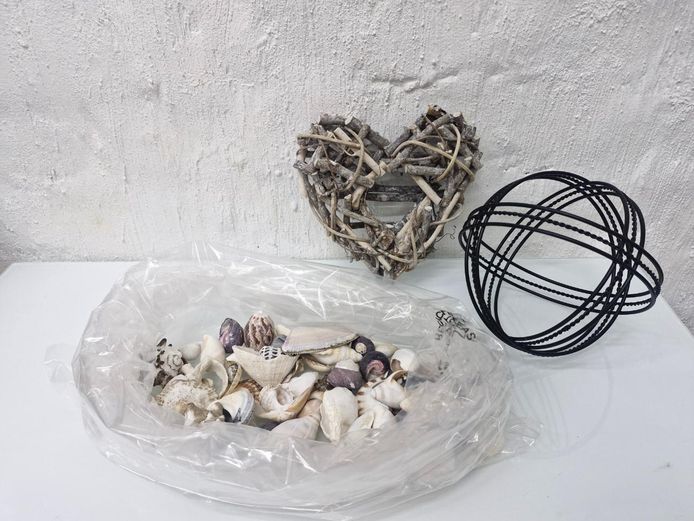 3-Piece Rustic & Coastal Décor Lot: Shells, Driftwood Heart & Metal Sphere