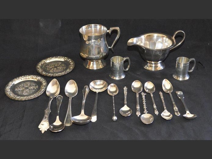 SILVER PLATE: CREAMER, MUG, TEASPOONS, etc