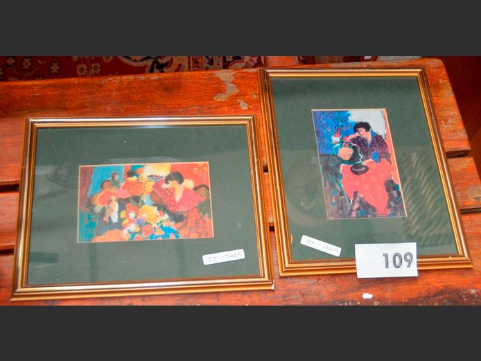 PAIR GILT FRAMED PRINTS "LADIES DINING", 15 x 9.5cm