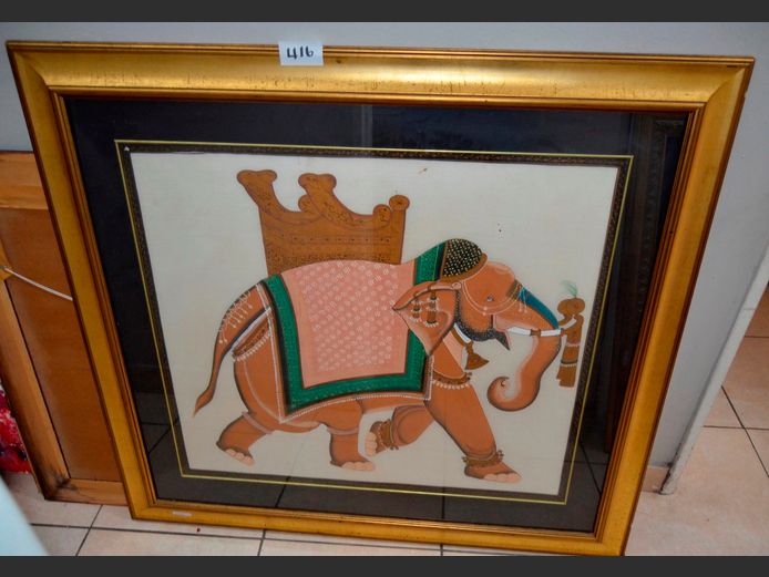 GILT FRAMED PAINTING ON FABRIC "ELEPHANT", 85 x 75cm