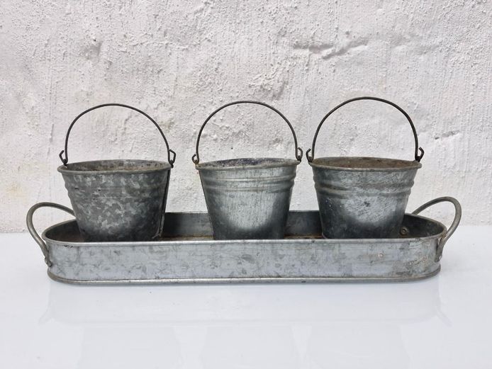 Rustic Galvanized Metal 3-Bucket Set with Caddy Tray