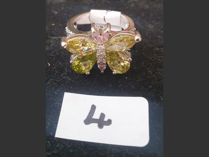 SILVER BUTTERFLY DRESS RING WITH GREEN & PINK STONES