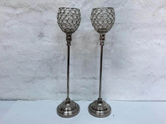 Pair of Tall Silver-Tone Faux Crystal Beaded Globe Candle Holders