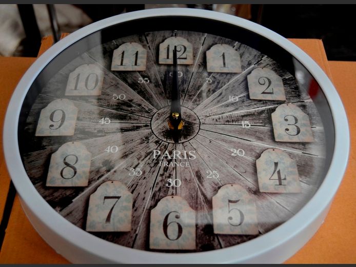 "PARIS" WHITE CIRCULAR PLASTIC WALL CLOCK, 30cm Diameter