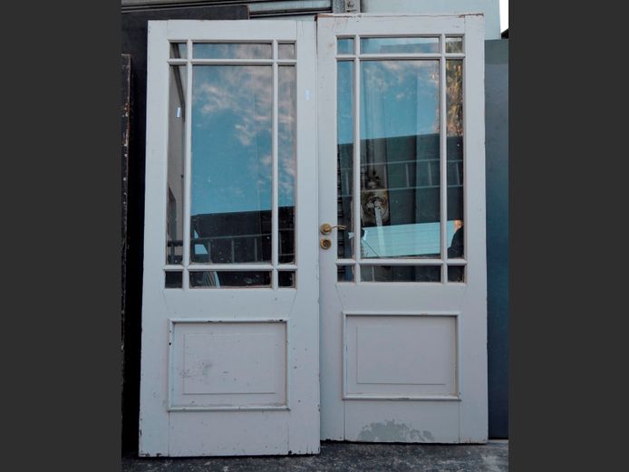 PAIR TEAK UNDER WHITE PAINT DOORS WITH GLASS PANES, 202 x 81cm [5,6]