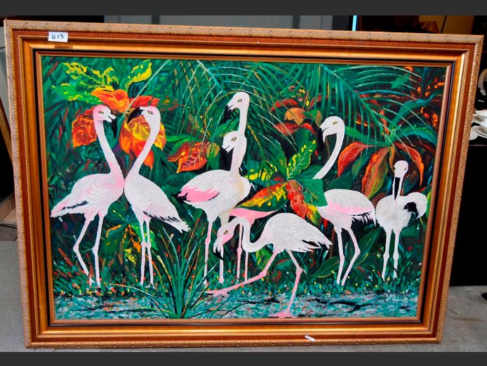 FRAMED OIL ON CANVAS "FLAMINGOES", SIGNED PIETER KLAASEN-REID, DATED '90, 159 x 109cm