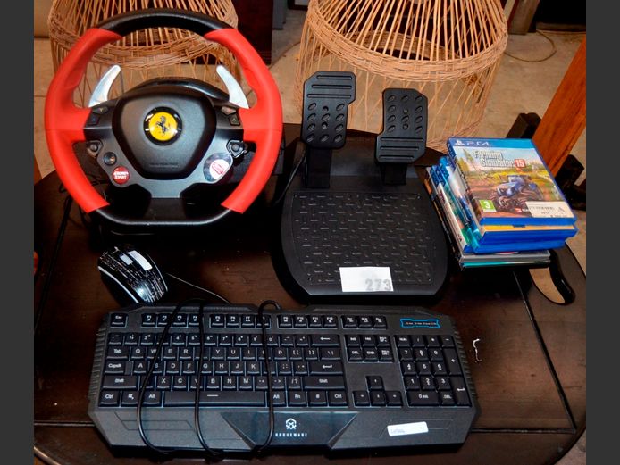 FERRARI GAMING WHEEL WITH PEDAL, GAMING KEYBOARD, MOUSE & PS2 & PS4 GAMES [Untested, unchecked]