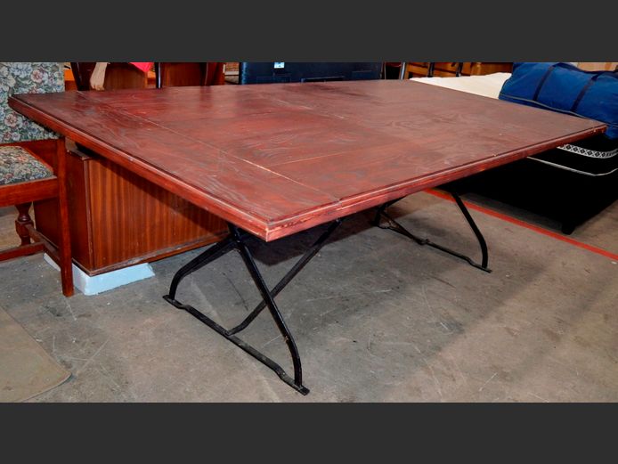 STAINED PINE DINING TABLE ON BLACK METAL FRAME, 213 x 107 x 73cm