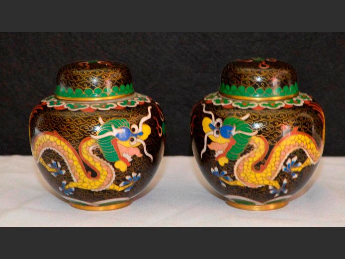 PAIR ANTIQUE CLOISONNE GINGER JARS, 9cm High
