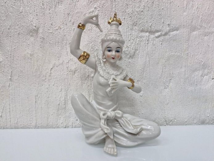 Vintage Porcelain Thai Temple Dancer Figurine with Gold Accents