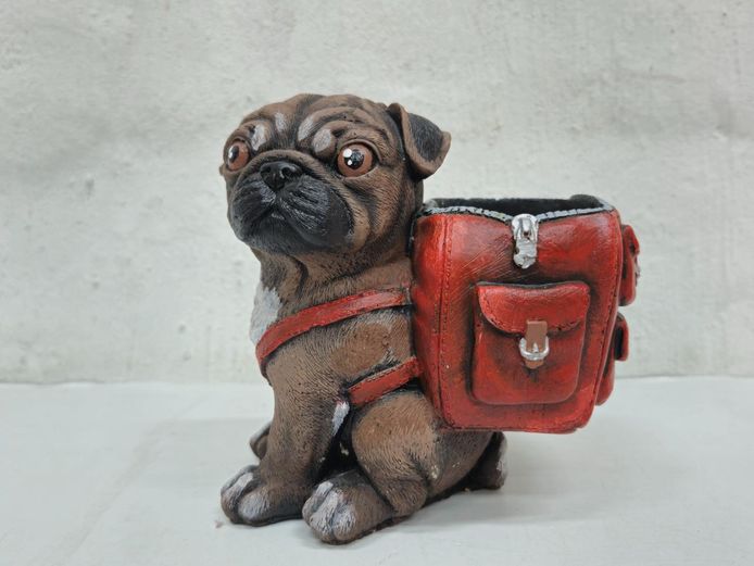 Novelty Hand Painted Pug Dog Planter with Red Backpack