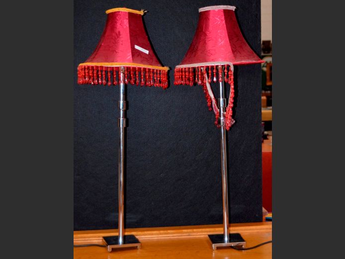 PAIR CHROME TABLE LAMPS WITH BURGUNDY SHADES, 68cm High [Beading needs glue]