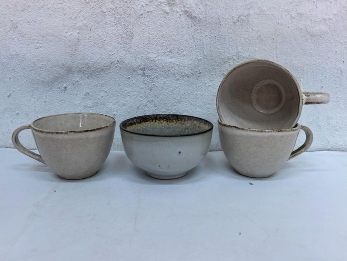 Studio Stoneware Ceramic Ensemble: Three Teacups and Glazed Footed Bowl