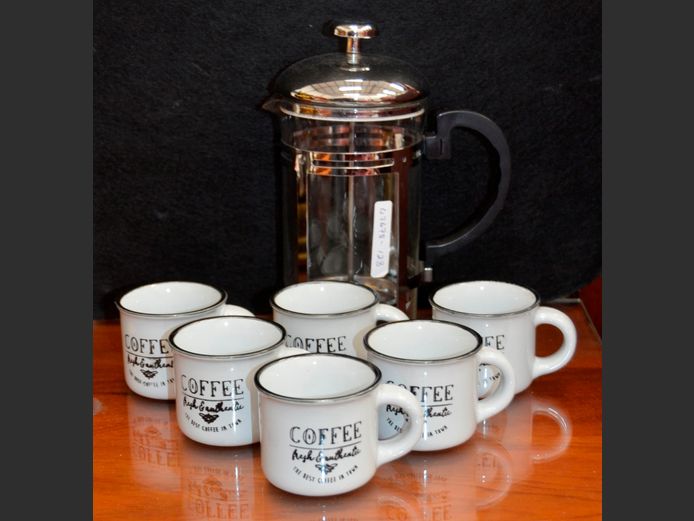 STAINLESS STEEL & GLASS FRENCH PRESS WITH 6 MUGS