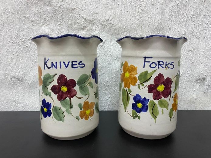 Pair of Hand-Painted Ceramic Cutlery Holders