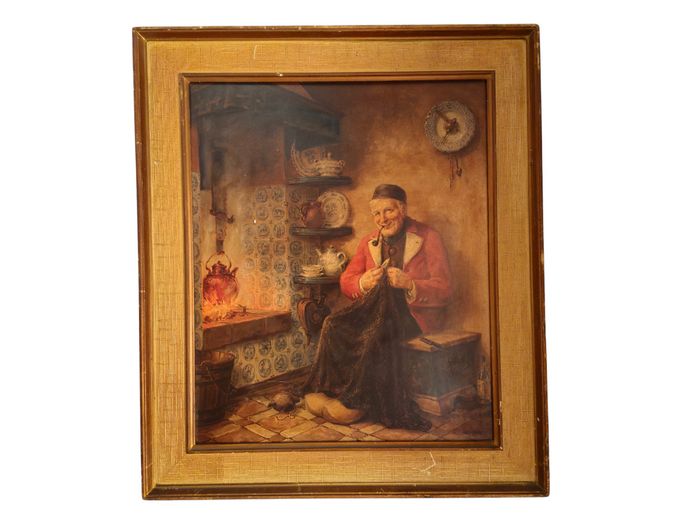 Vintage Framed Print by Mumberg of an Old Man Knitting by the Fireside