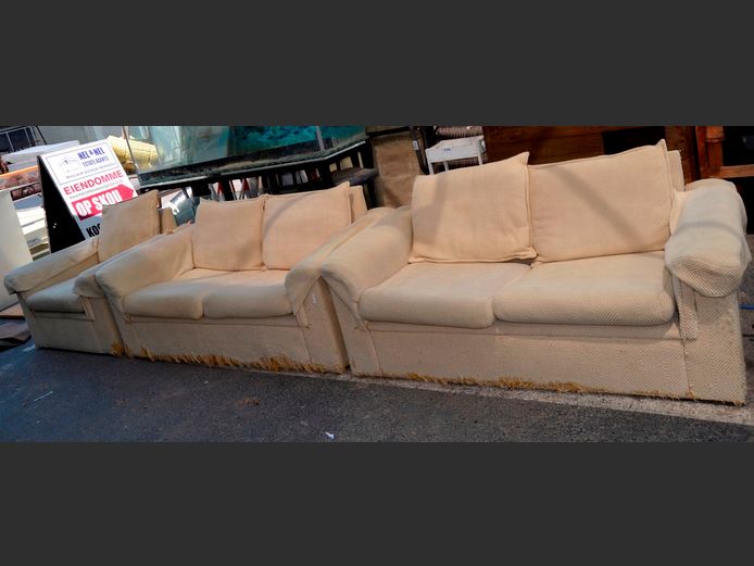 BEIGE UPHOLSTERED 3-PIECE, 5-SEATER LOUNGE SUITE [Needs re-covering]