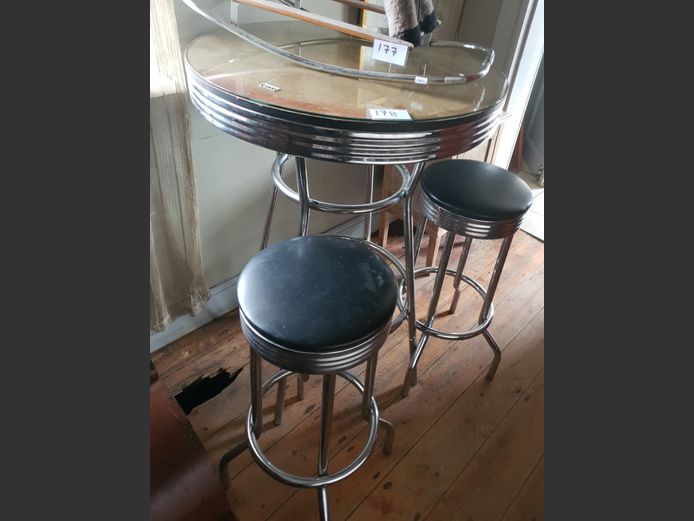 RETRO CHROME & GLASS TOP COCKTAIL TABLE WITH MATCHING CHAIRS