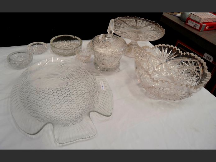 CUT GLASS TAZZA STAND, CUT GLASS BOWL, SWEETS DISH WITH LID, FISH PLATTER, etc