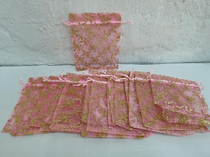 Lot of Pink Organza Drawstring Bags with Gold Bow Pattern