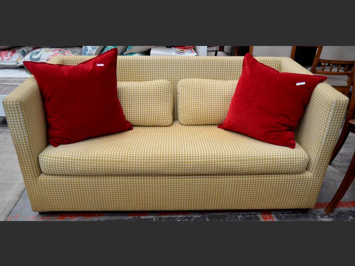 YELLOW UPHOLSTERED 2-SEATER SLEEPER COUCH & PAIR RED SCATTER CUSHIONS, 173 x 88cm [1,2]