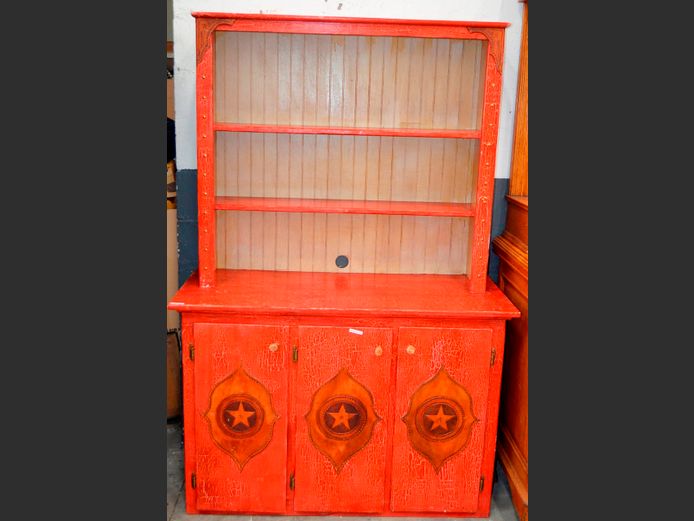 RED PAINTED & LEATHER INLAID 3-DOOR, 2-TIER CABINET WITH BONE HANDLES, 119 x 46 x 178cm