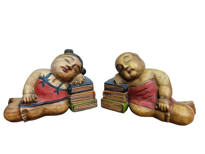 Vintage Pair of Large Chunky Hand Carved Wooden Bookends