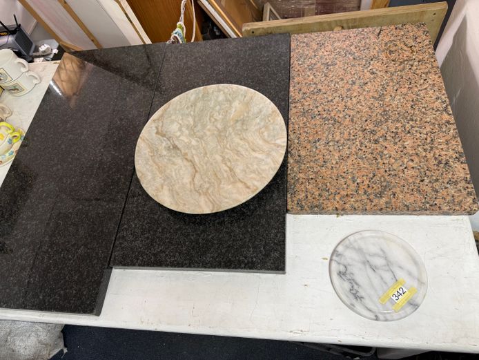 Lot of 3 marble cutting boards, a marble bowl and a marble cheese plate