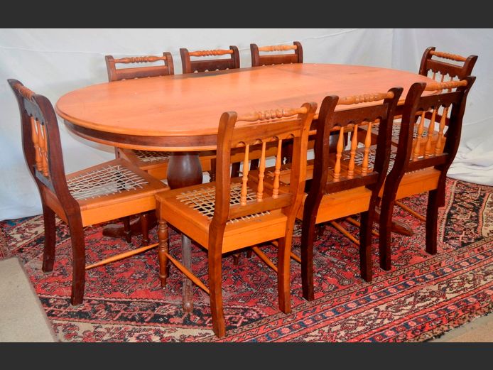 YELLOWWOOD & IMBUIA OVAL DINING TABLE WITH 8 MATCHING CHAIRS, 197 x 114 x 78cm [Table top scratched, Riempies to 2 chairs needed]