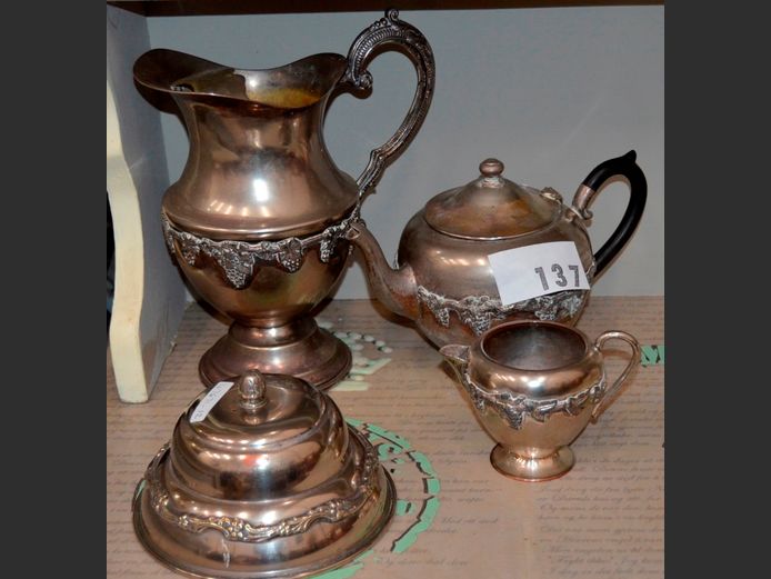 SILVER PLATE PITCHER, TEAPOT, CREAMER & BUTTER DOME
