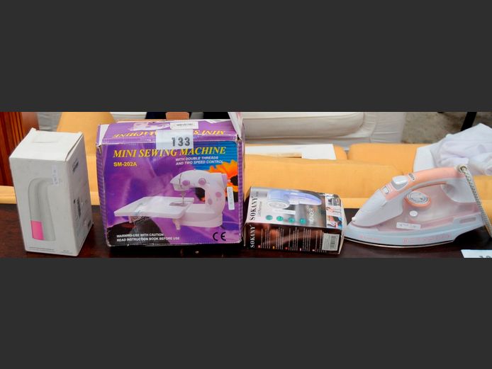 RUSSELL HOBBS IRON, MINI SEWING MACHINE, SOAP DISPENSER, etc [Switch on, untested further]
