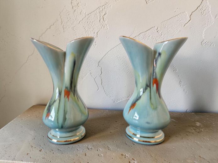 Pair of Vintage West German Pottery Splat-Gilt Twin-Spouted Vases